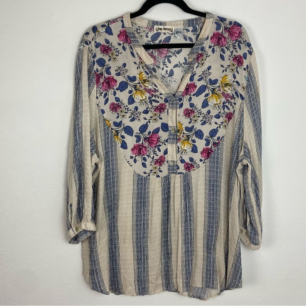Hope Springs‎ Striped Floral Top Coastal  Boho Hippie Lightweight Womens 2XL